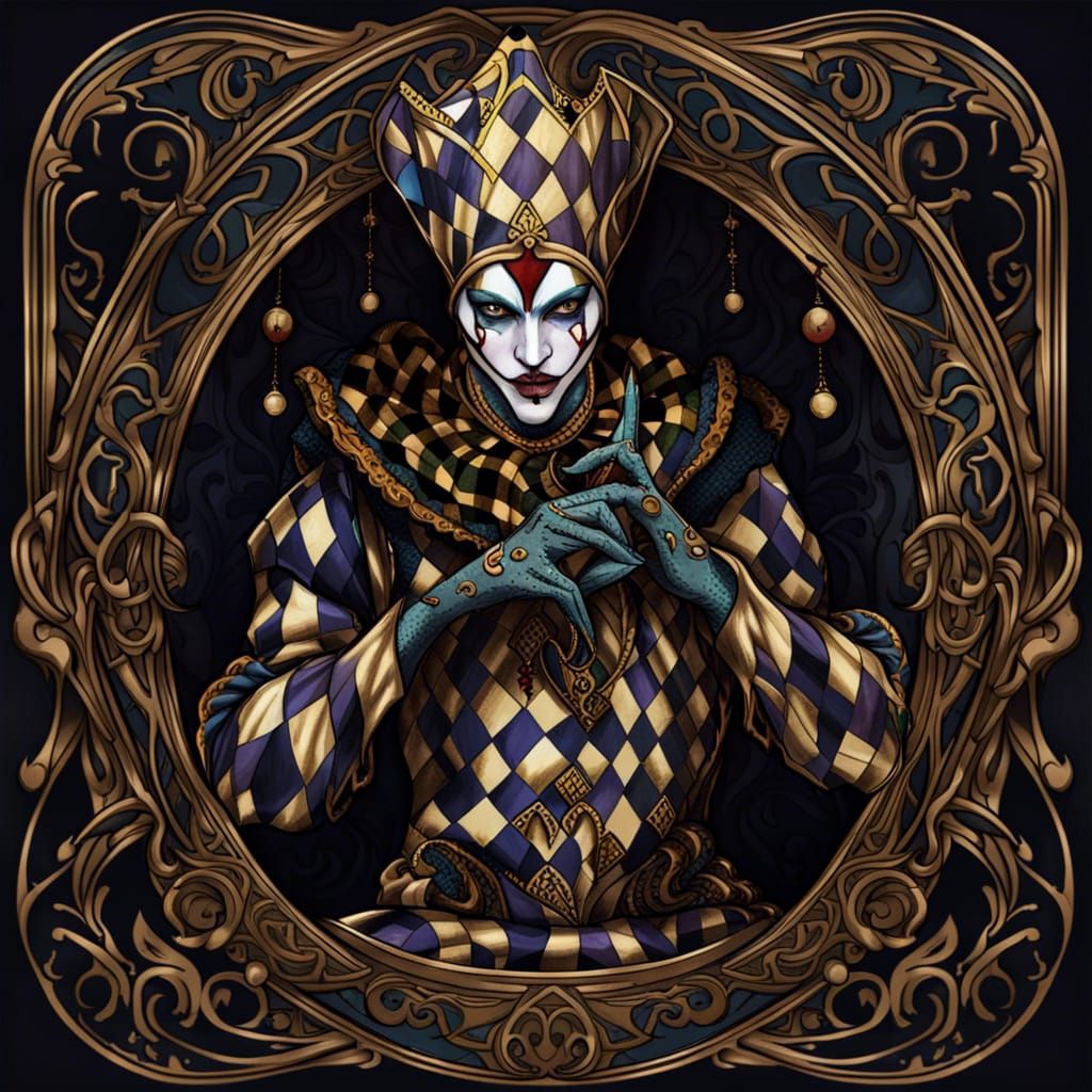 Sinister Harlequin Jester in Art Nouveau Dark Fantasy