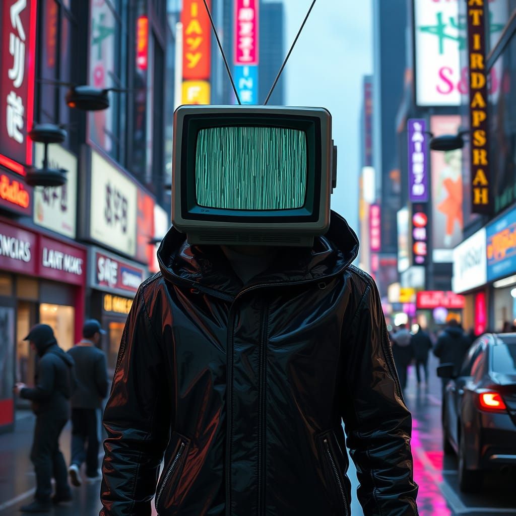 Television Head Figure in Neon Cyberpunk City