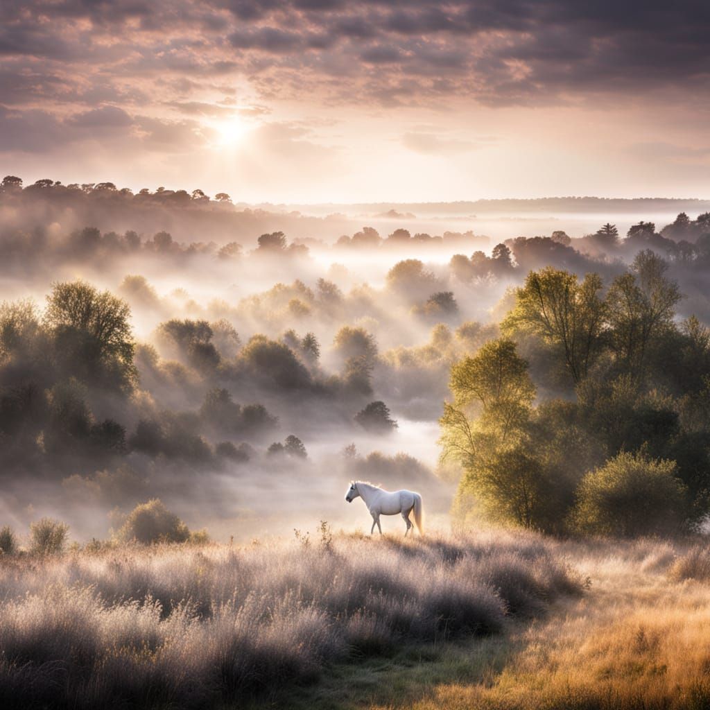 Surreal White Horse in Foggy Landscape