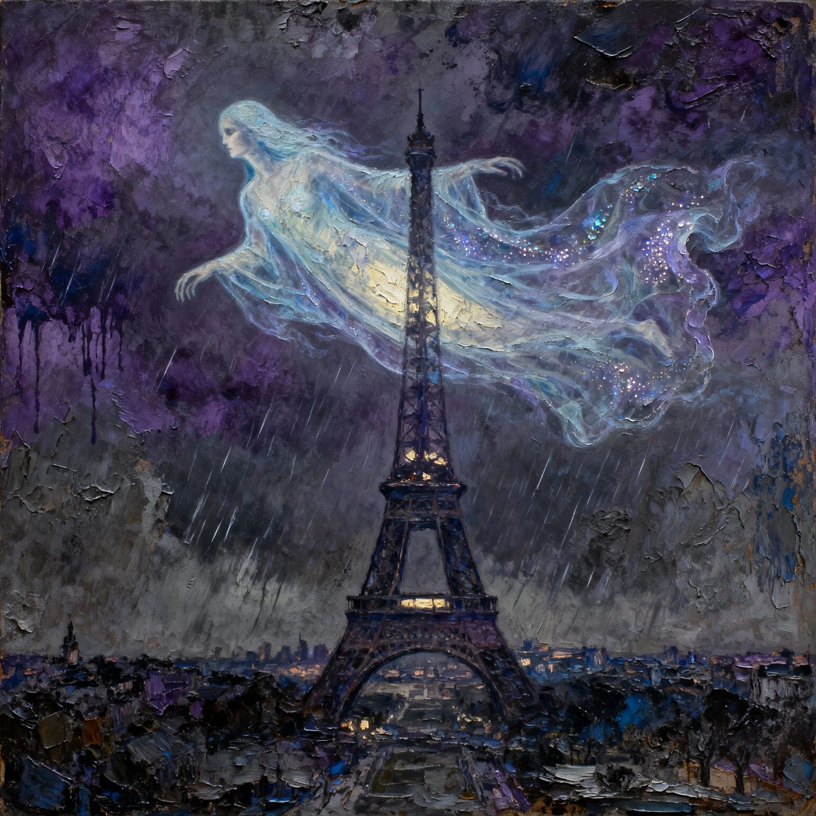 Eiffel Tower Ghost on Stormy Night