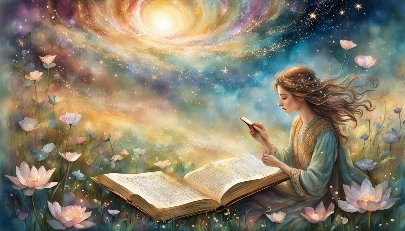 Woman Reading in Meadow: Watercolor Alcohol Ink Art