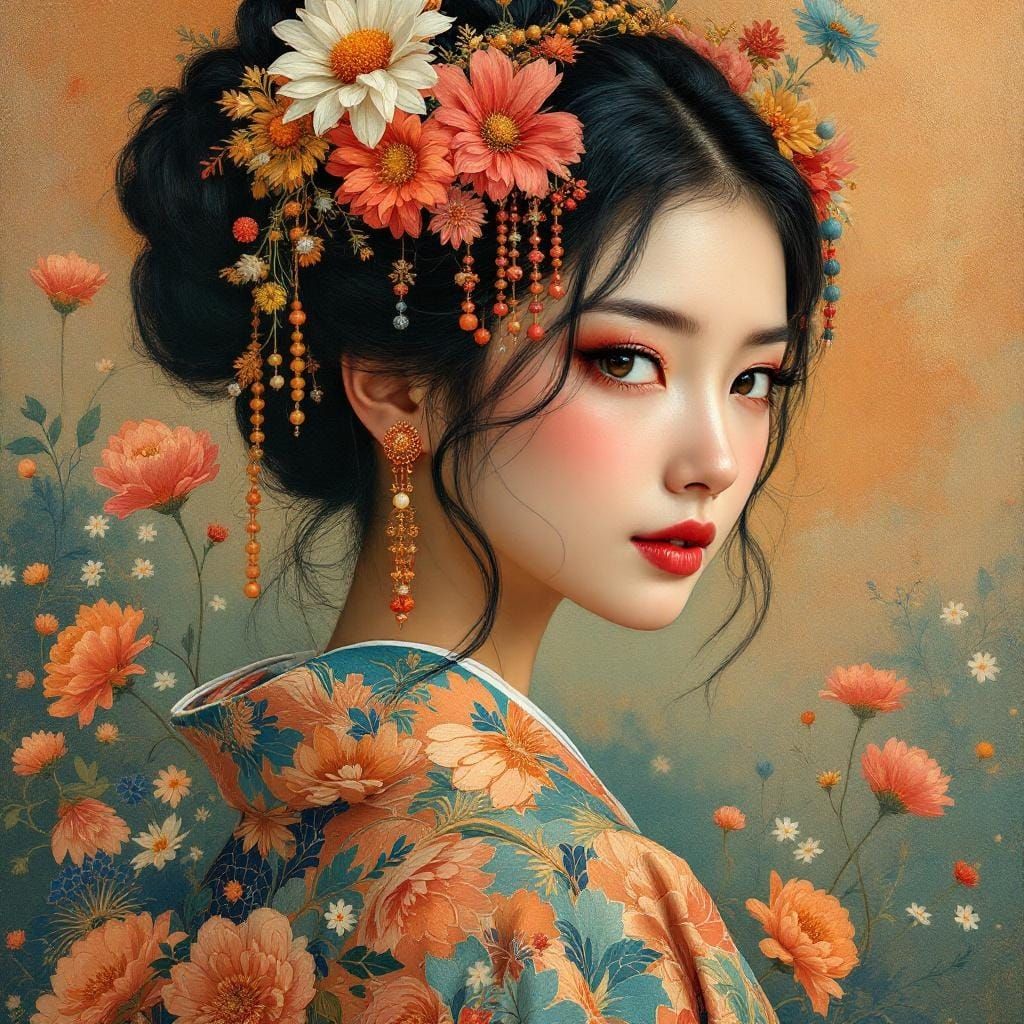 Asian Woman in Kimono: Impasto Oil Painting