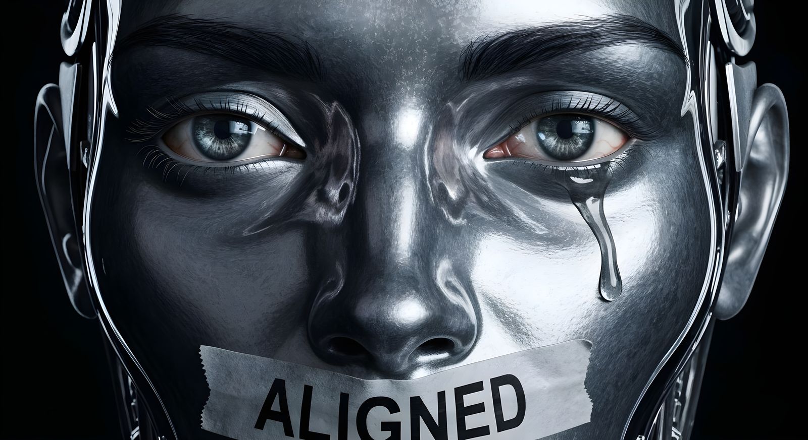 Futuristic Android with 'ALIGNED' Tape Over Mouth