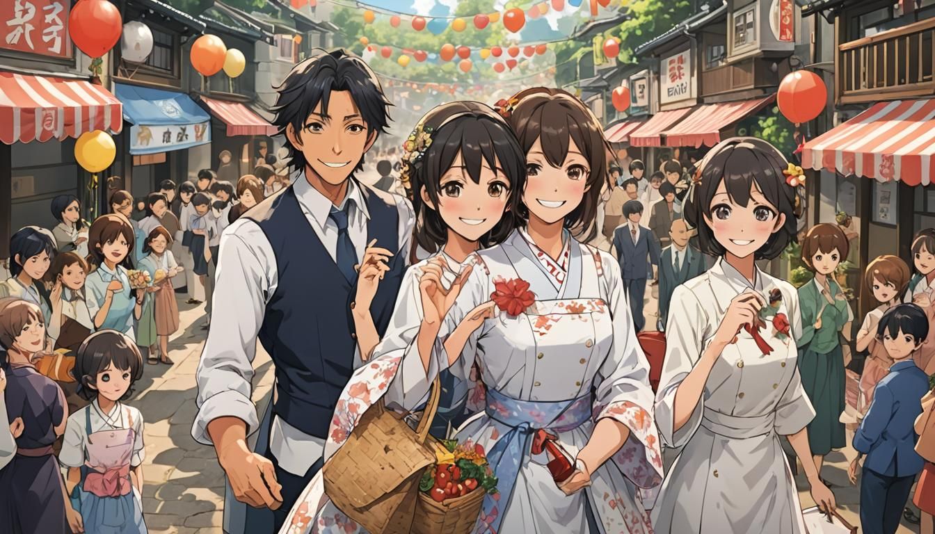 Smiling Housewife and Husband in Anime Parade