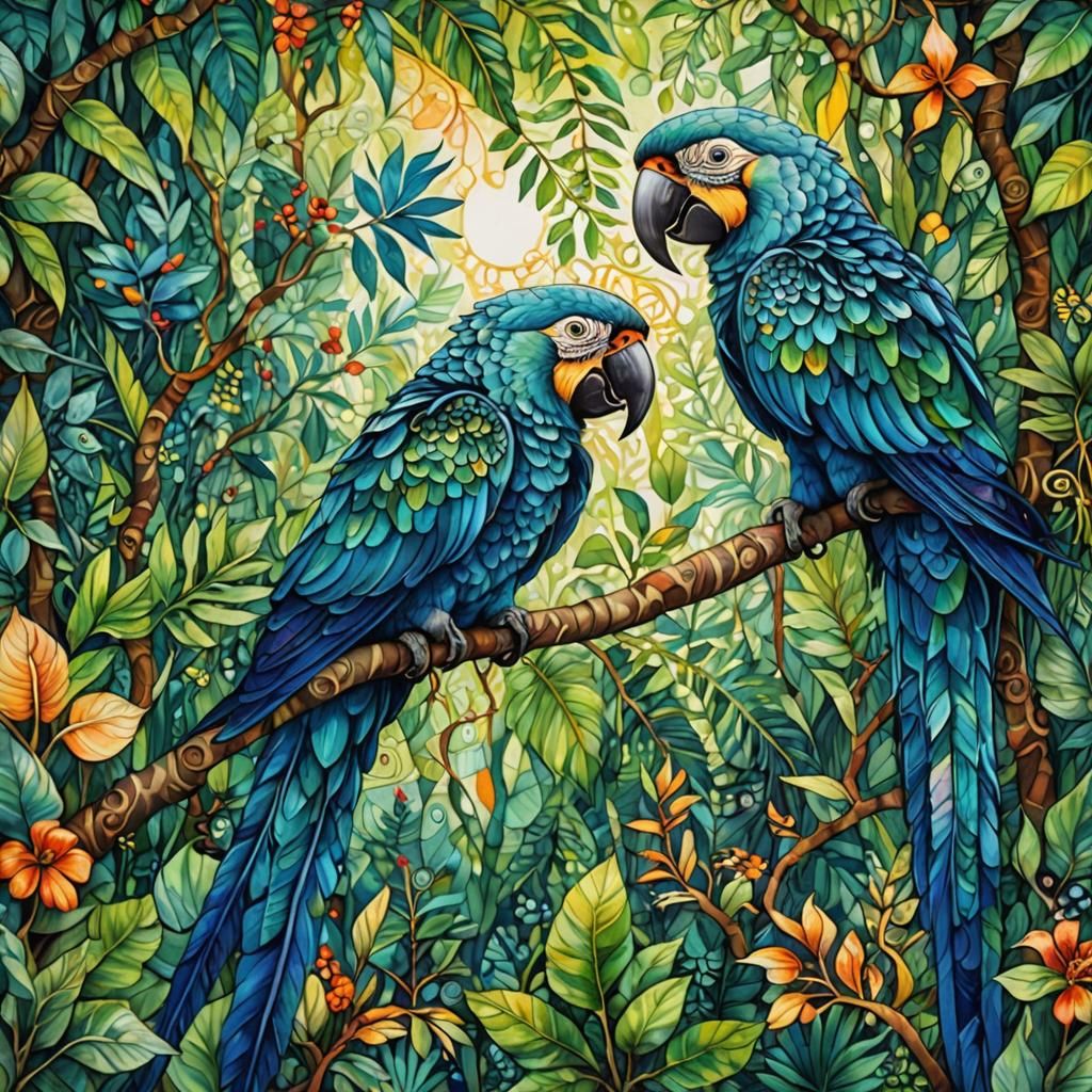 Macaw Birds in Jungle with Zentangle Patterns