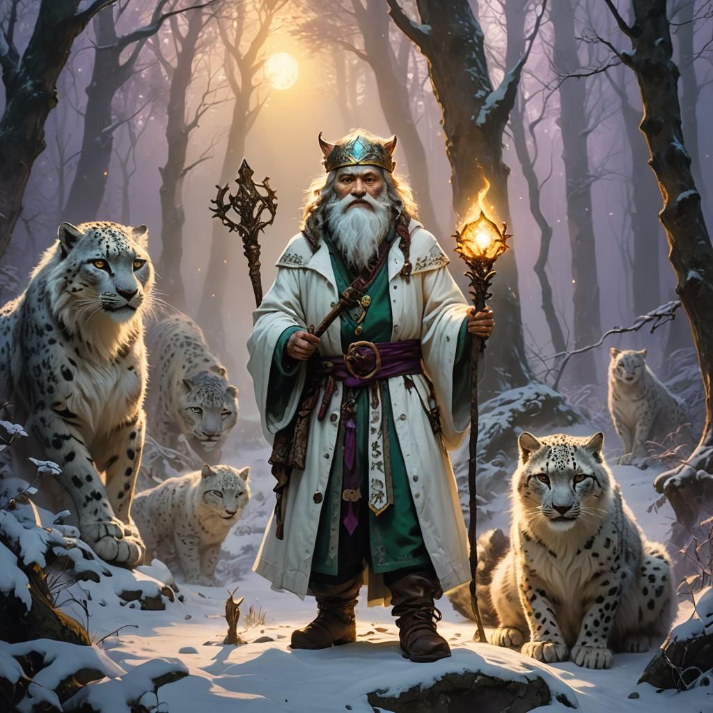 Gnome Mage and Snow Leopard in Mystical Forest