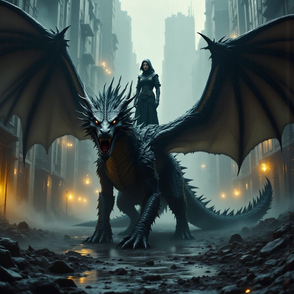 Rogue on Dragon Silhouette Over Ruined City