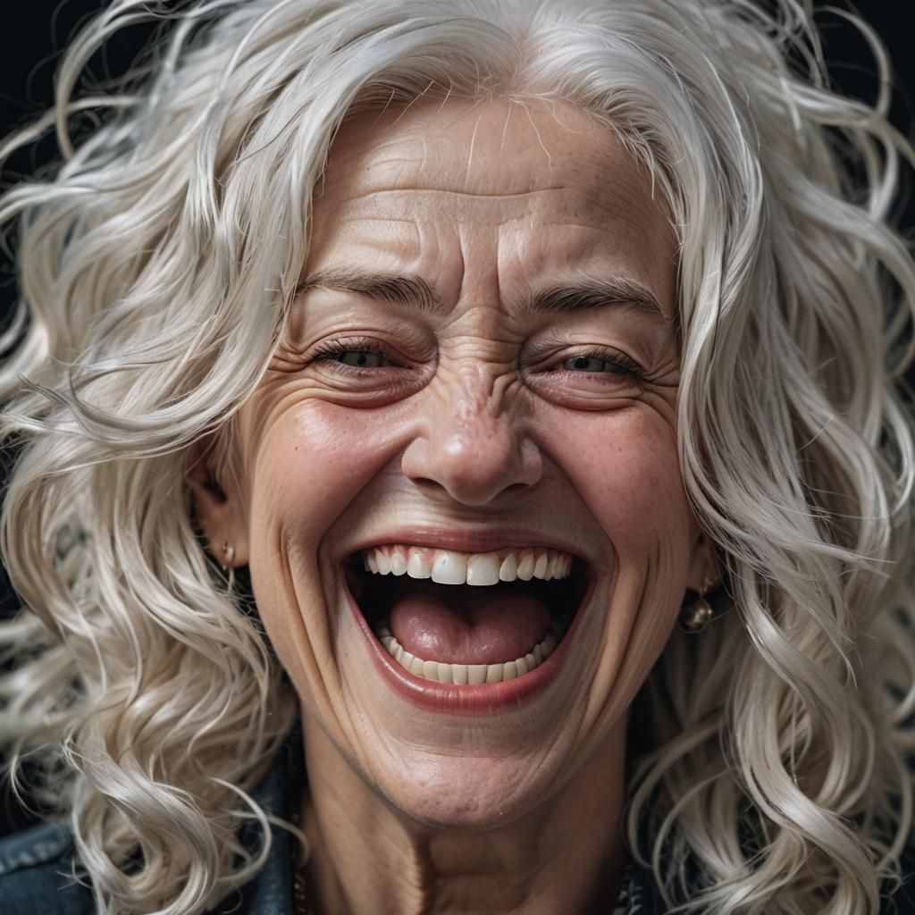 Laughing White-Haired Lady in Hyperrealistic Detail