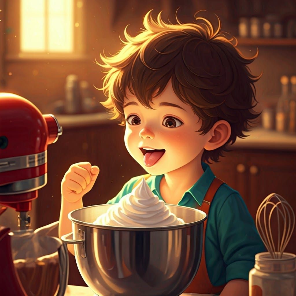 Joyful Boy Licks Whipped Cream in Studio Setting with Art No...