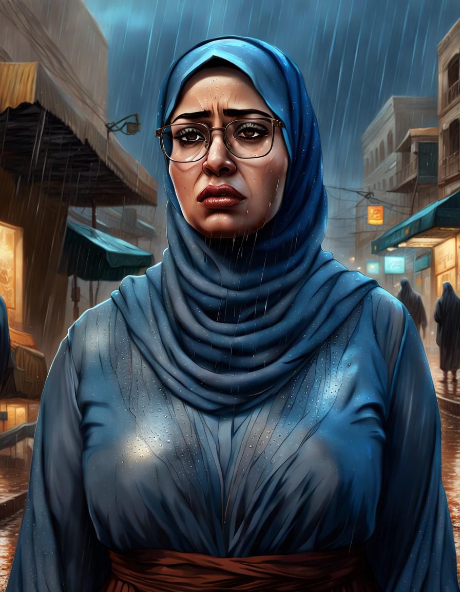 Sad Egyptian Woman Crying in Rain, Hyperrealistic Splash Art