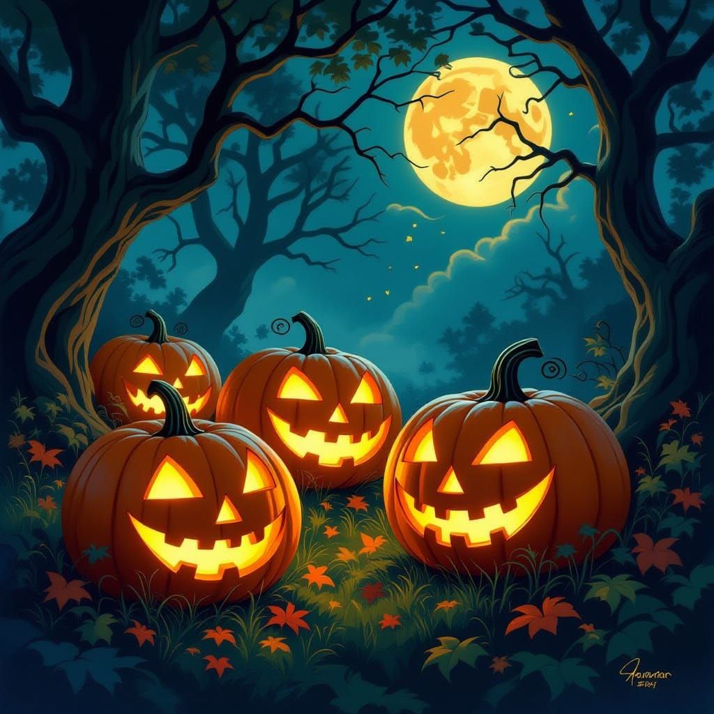 Art Nouveau Halloween Night with Glowing Pumpkins