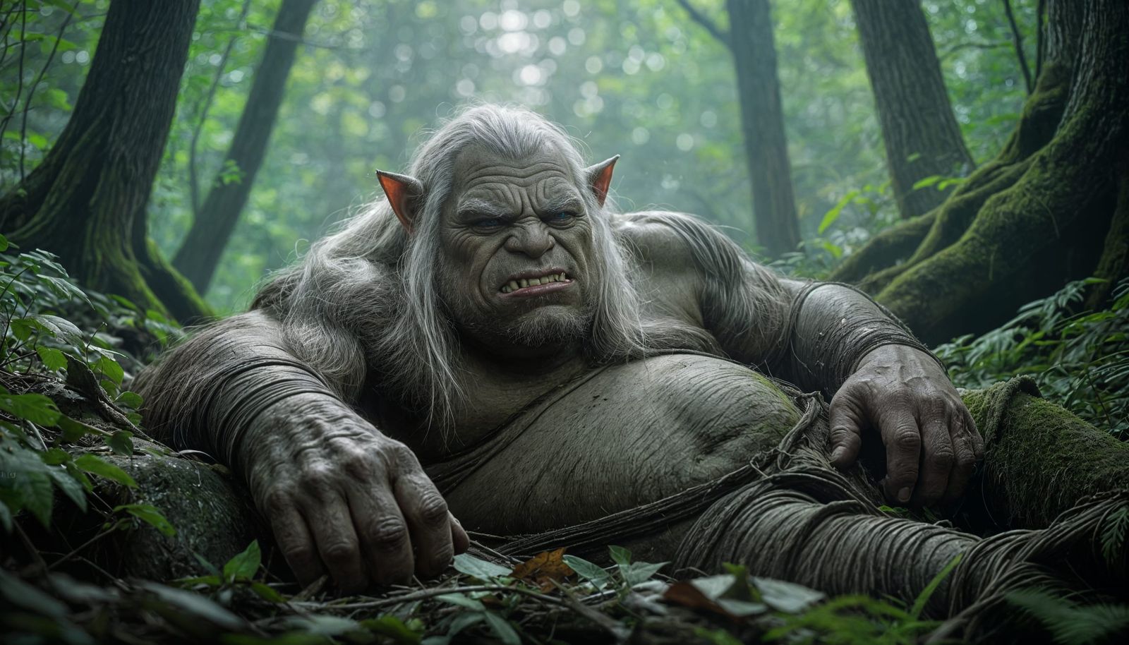 Fat Ogre Resting in Overgrown Forest, Cinematic Style