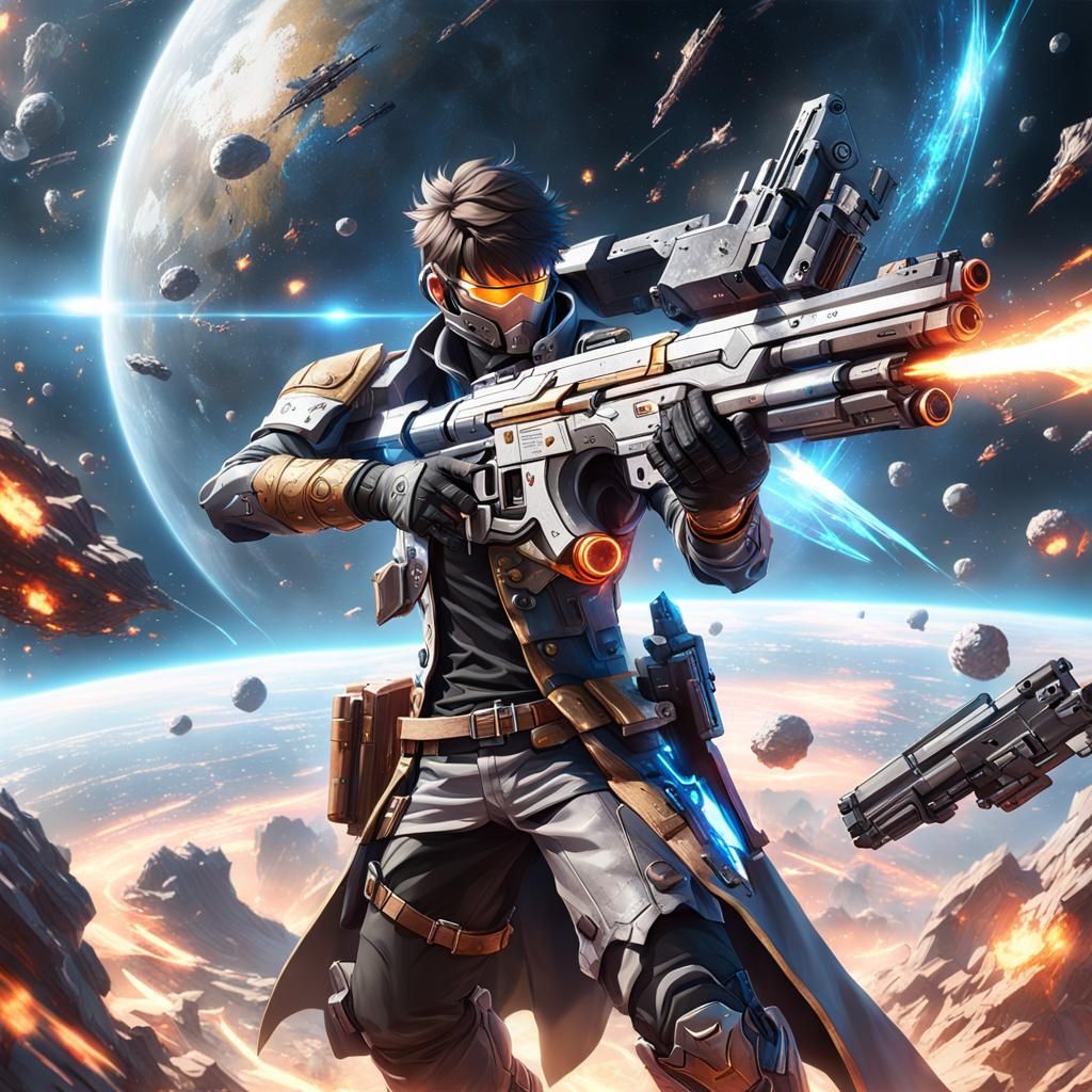 Young Gunslinger in Space Battle: Anime Art Masterpiece