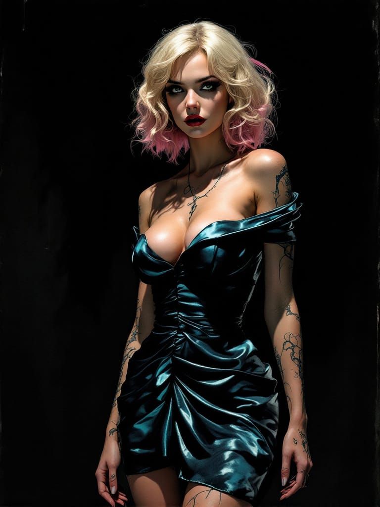 Pin-Up Woman with Pink and Blonde Hair in Spotlight