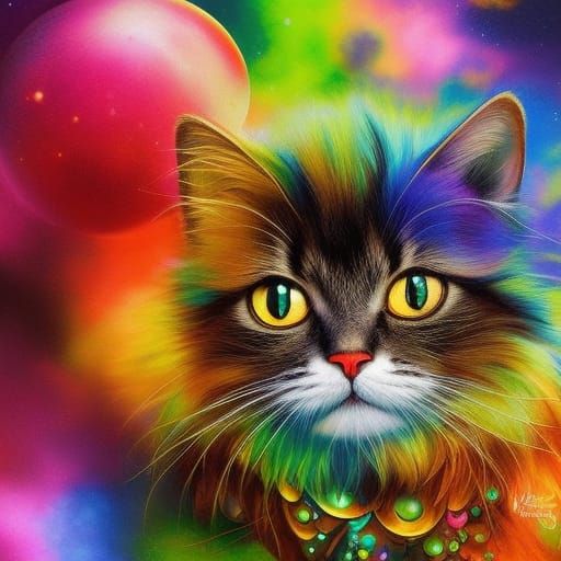 Colorful Cheshire Cat on a Bench, Whimsical Illustration