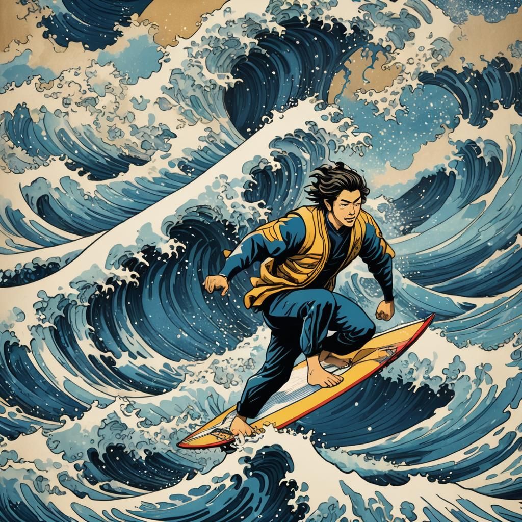 Surfer Rides The Great Wave in Anime Style