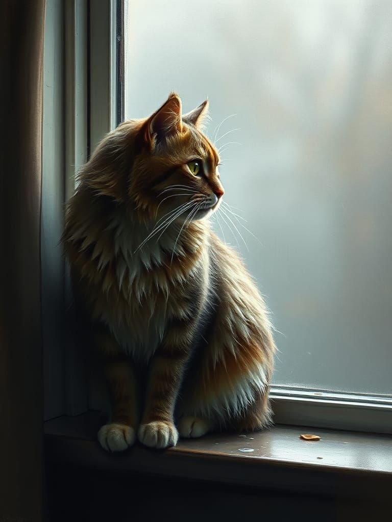 Cat Gazing at Autumn Rain: Oil Painting