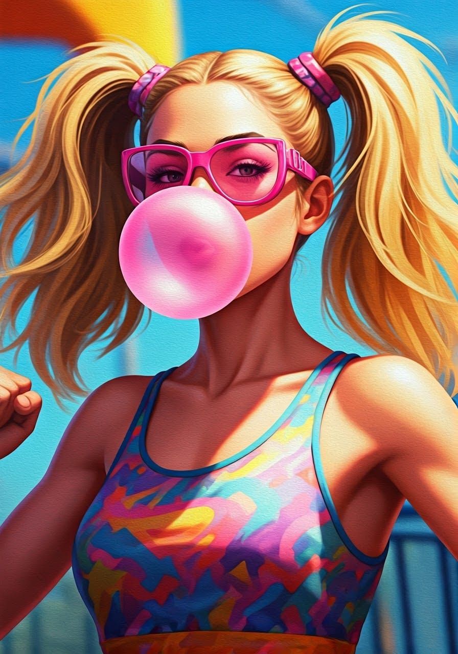 Triumphant Young Woman Blows Giant Bubblegum Bubble in a Vib...