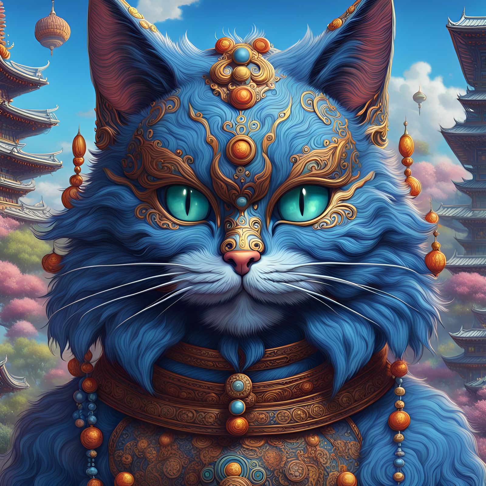 Colorful Blue Cat in Japanese Asian Style