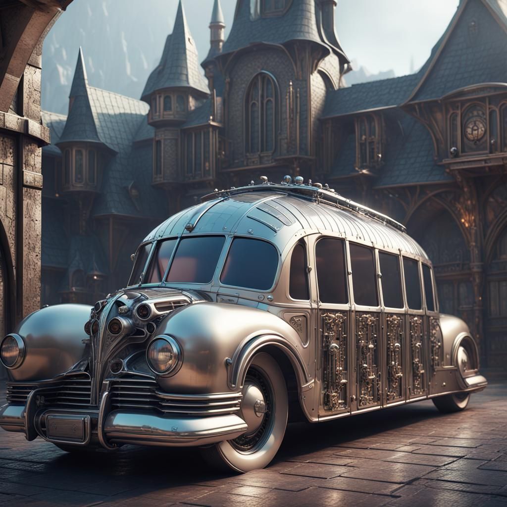 Futuristic gothic old classic car parked in eerie medieval village