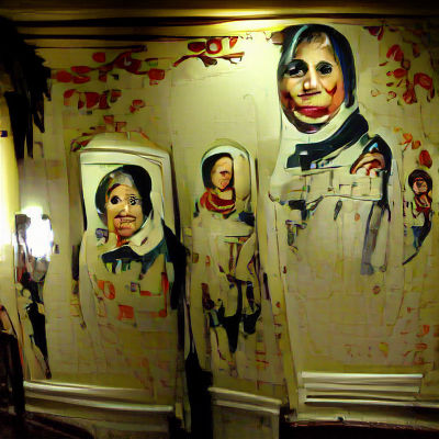 Haunted Hotel Hallway with Painted Portraits