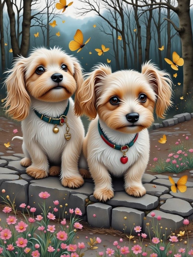 Yorkies in Springtime Park with Golden Butterflies