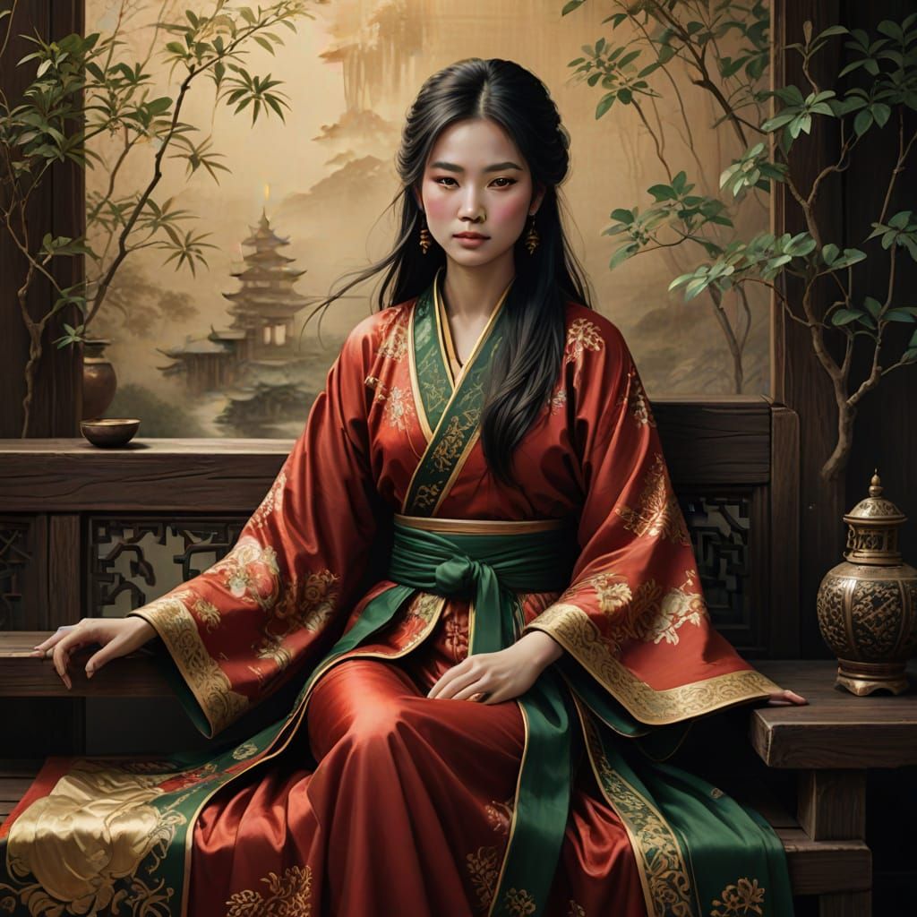 Elegant Asian Woman in Traditional Chinese Robe, Watercolor ...