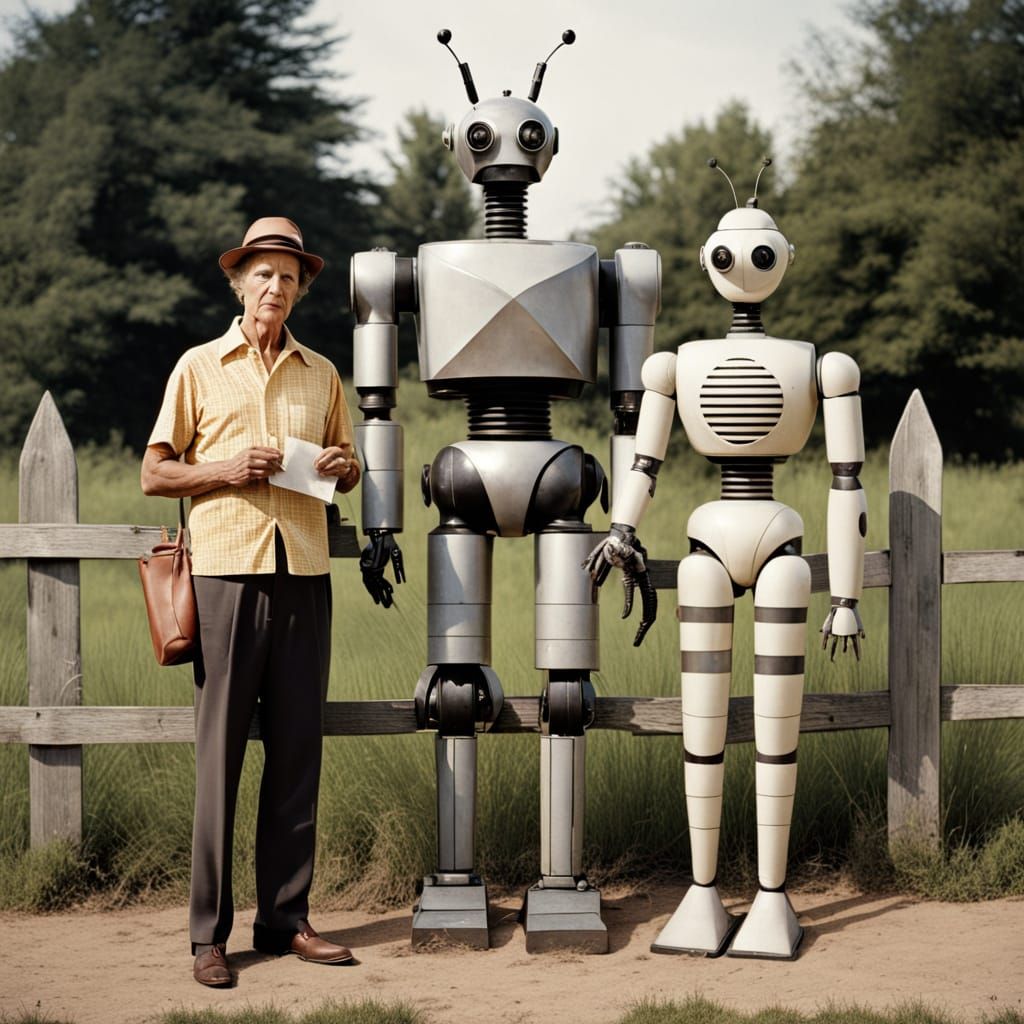 Retro Family Portrait with Folkloric Robots and Gingham Prin...