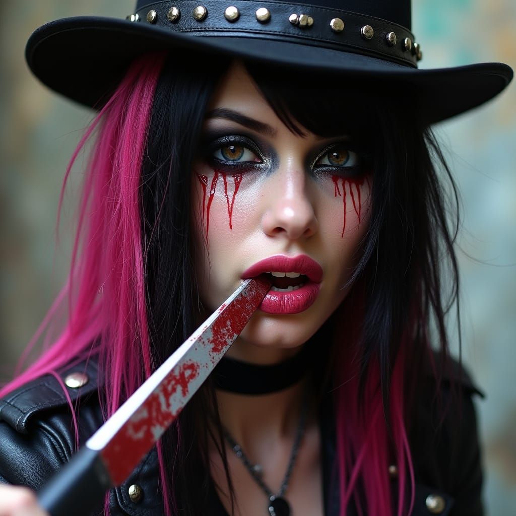 Punk Rock Girl with Knife and Top Hat