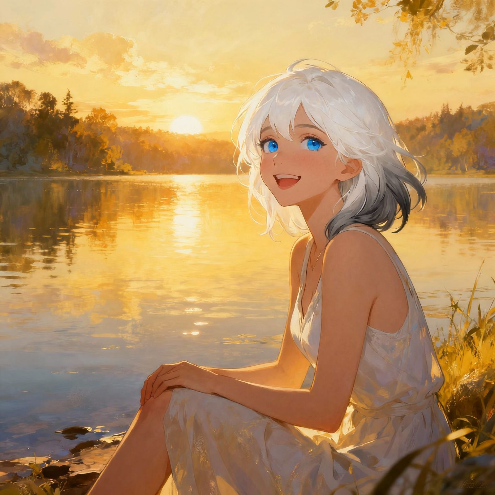 Serene Woman by Lake at Sunrise, Digital Art