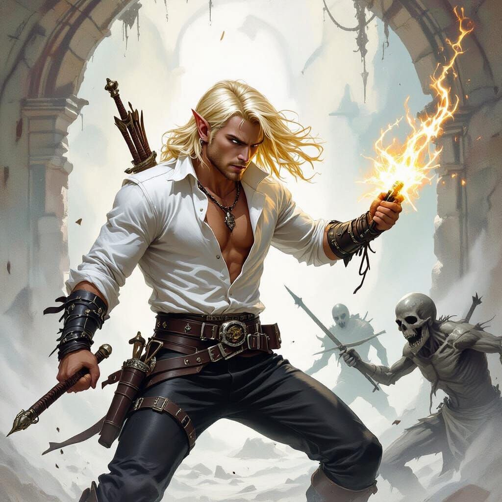 Half-Elf Rogue Battles Undead in Fantasy Realm