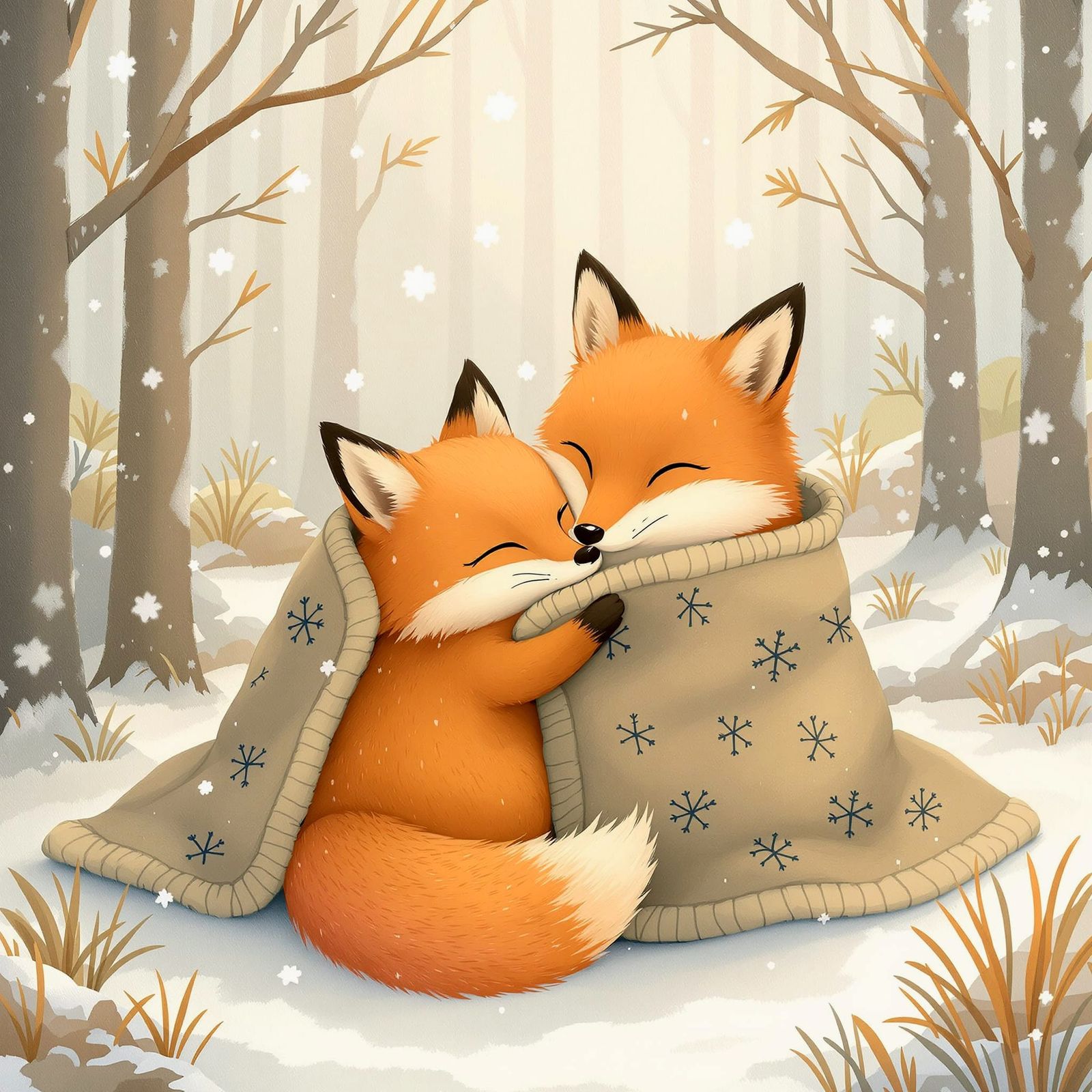 Cute foxes share a blanket