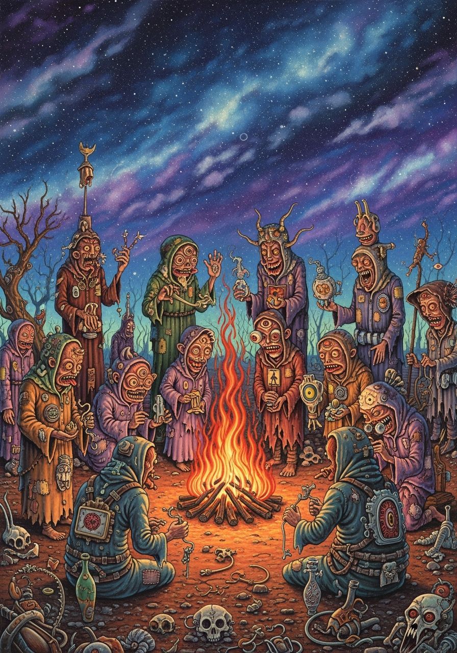 Mutants Gathered Around Bonfire in Lowbrow Art Style