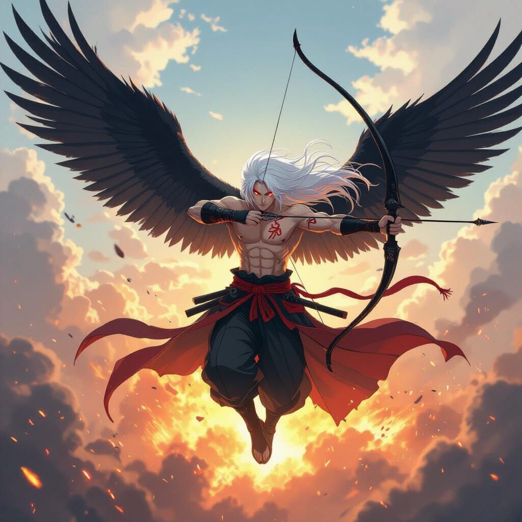 Anime Archer with Iridescent Wings and Runes