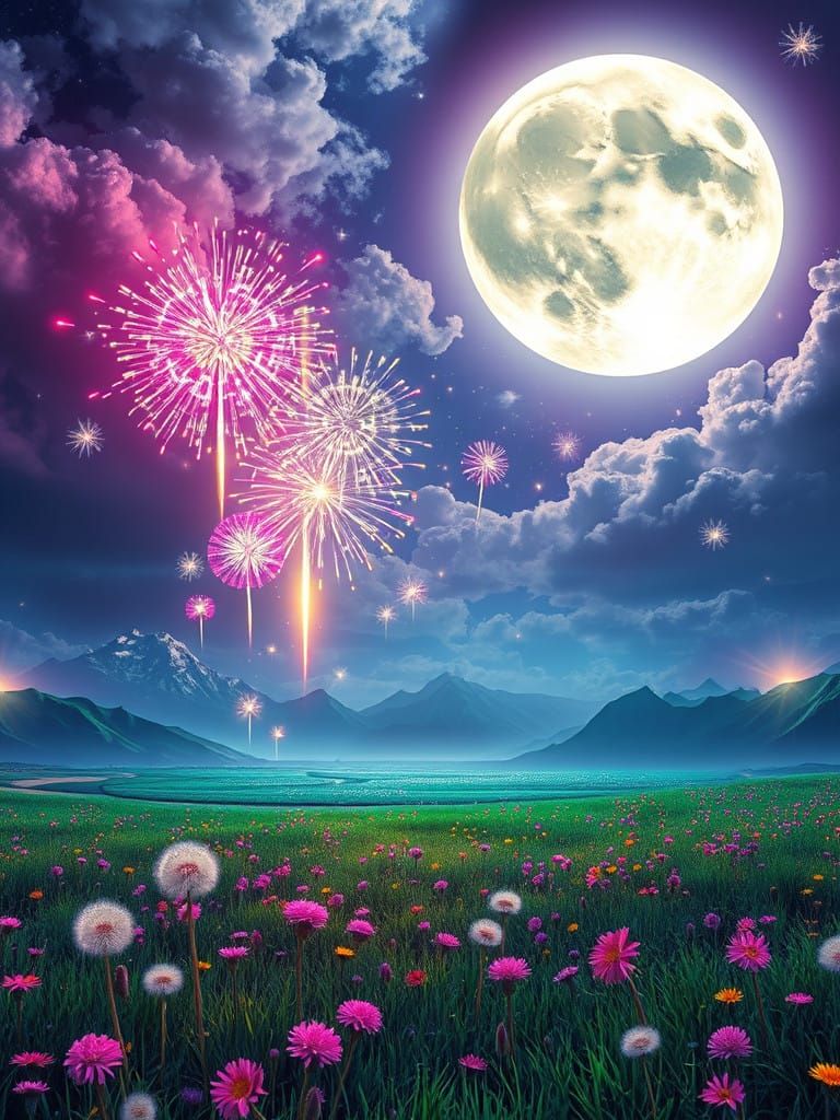 Surreal Moonlit Dandelion Fireworks in Celestial Landscape