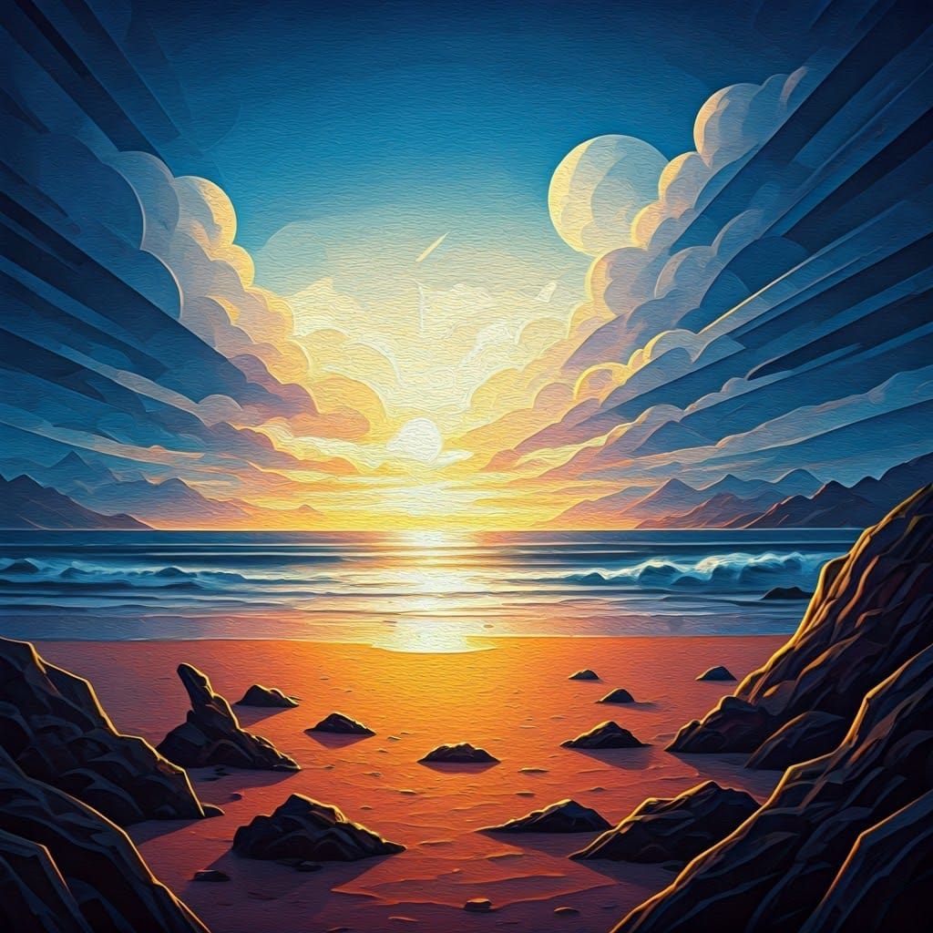 Neo-Cubist Coastline at Dusk: An Oil Painting Masterpiece