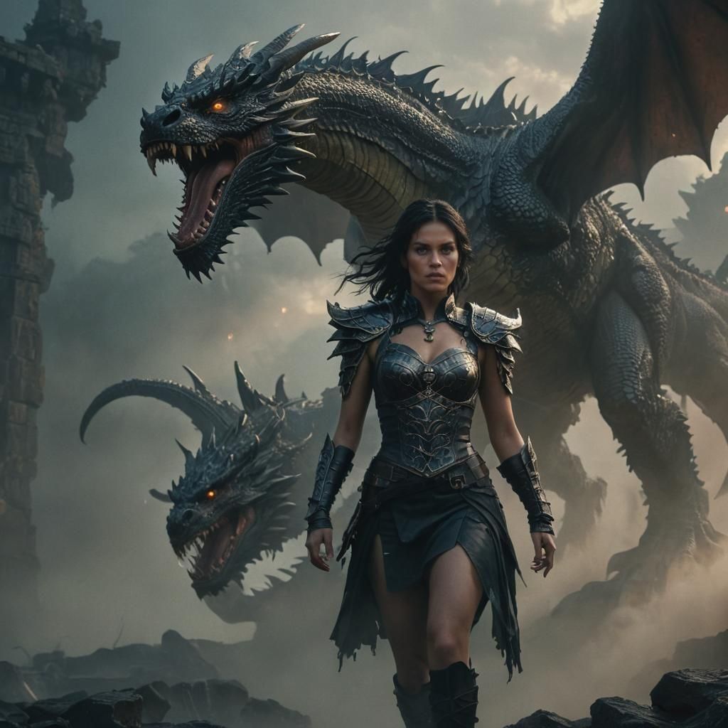 Cimmerian Warrior and Dragon in Dramatic Portrait