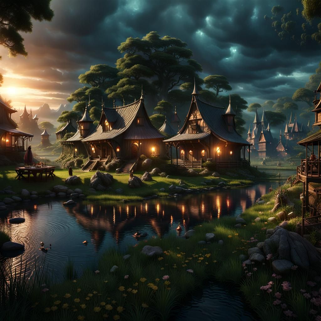 Harmonious Village of Humans and Fantastical Creatures