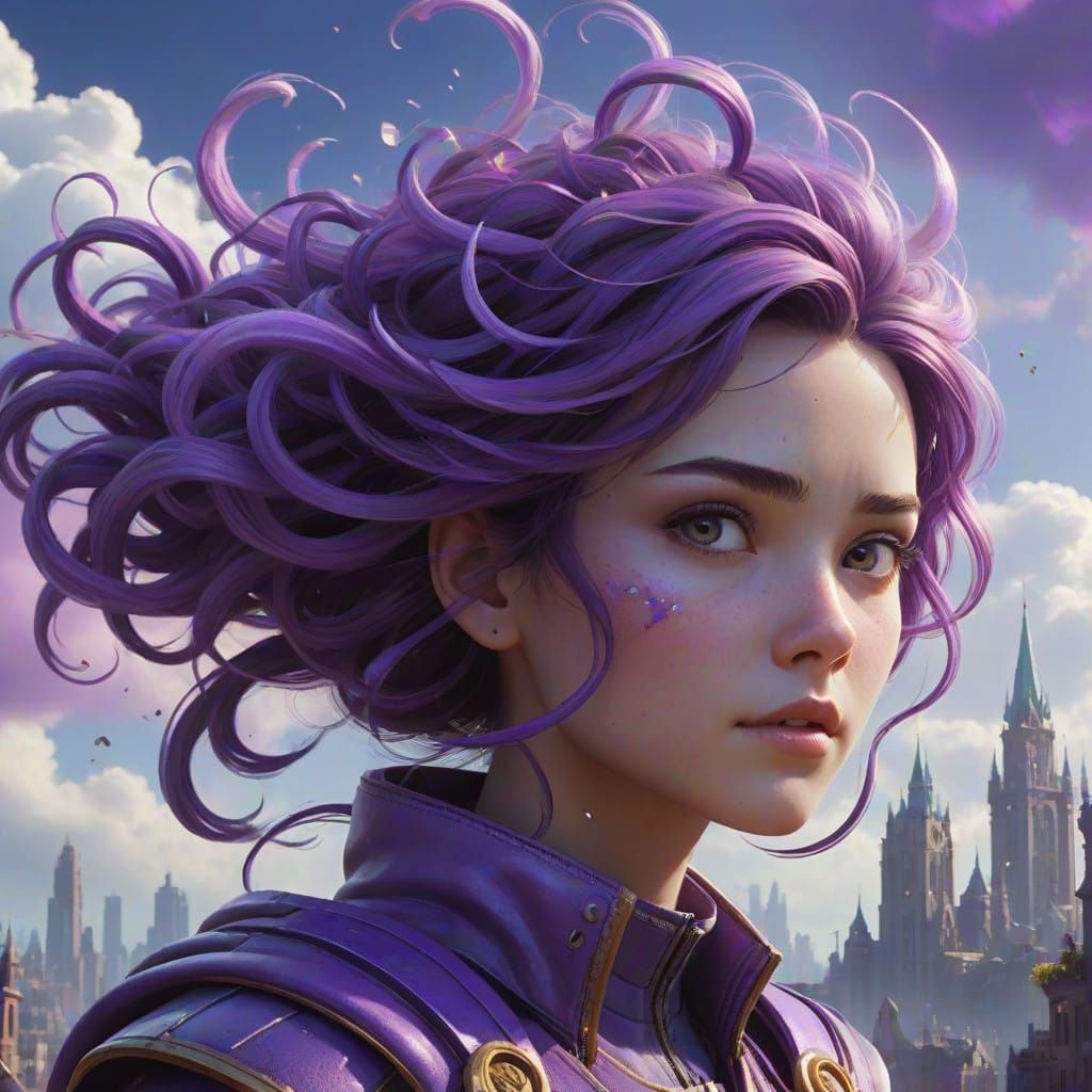 Whimsical Purple Cloud Cityscape with Air Elemental Woman