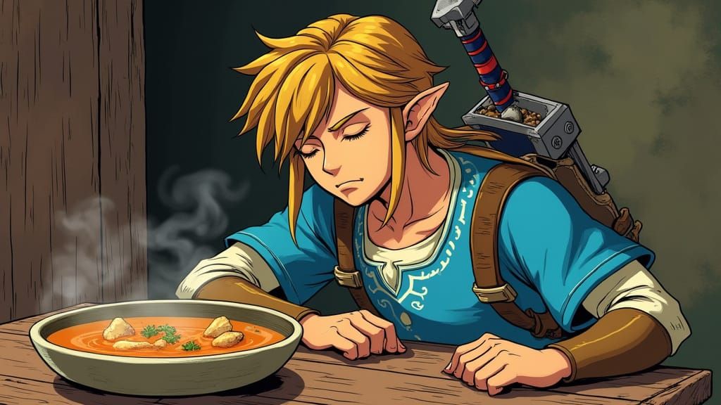 Link Asleep with Soup: Comic Book Style