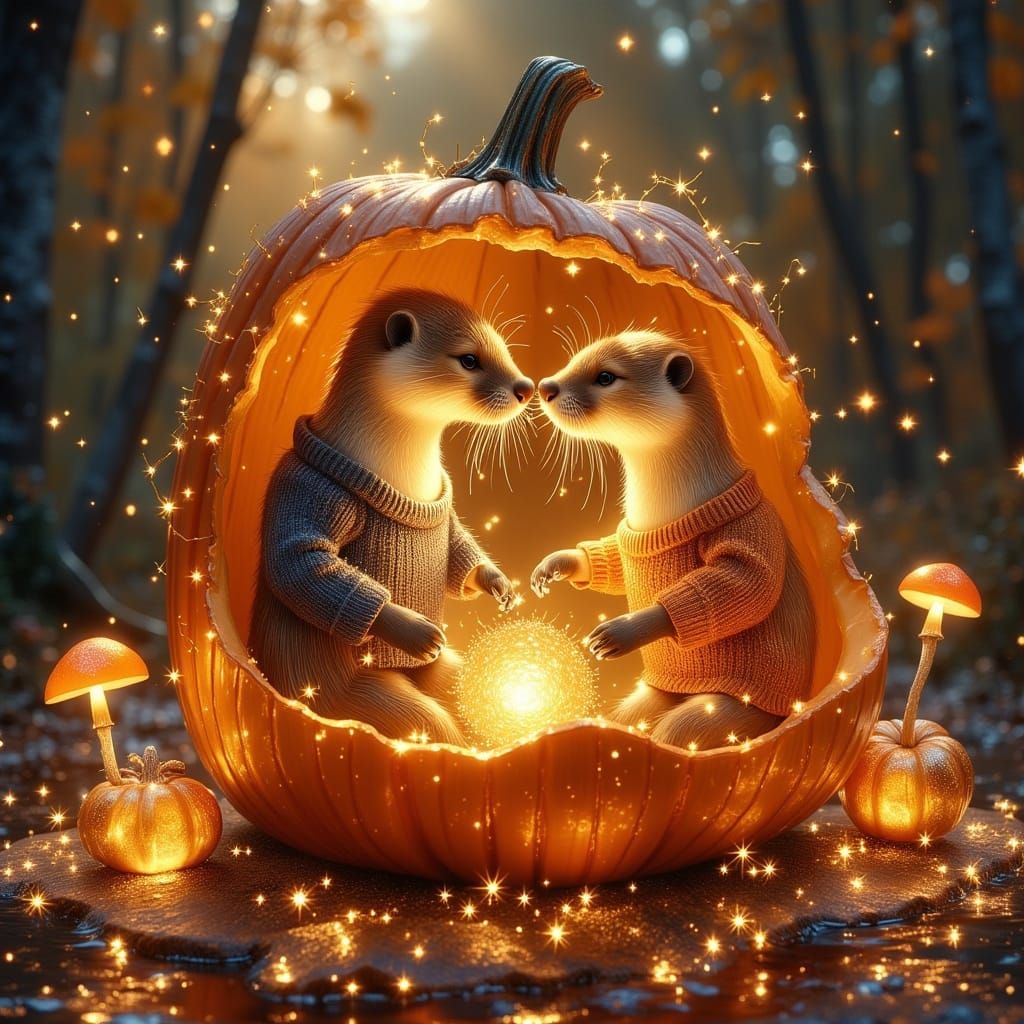 Anthropomorphic Otters in Sweaters Cozy in Pumpkin Home