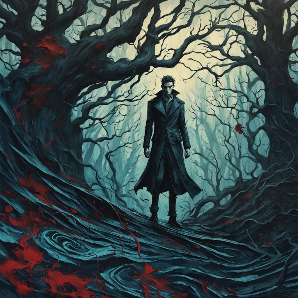 Impasto expressionism art. Close up. A folk Portrait of a Eerily beautiful Vampire on newspaper. Medium shot. In the sty...