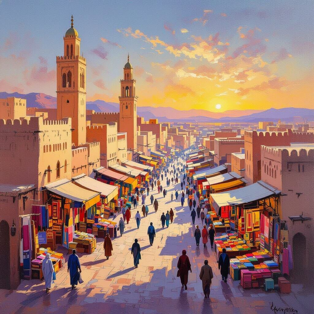 Vibrant Oil Painting of Guelmim's Landmarks and Souks