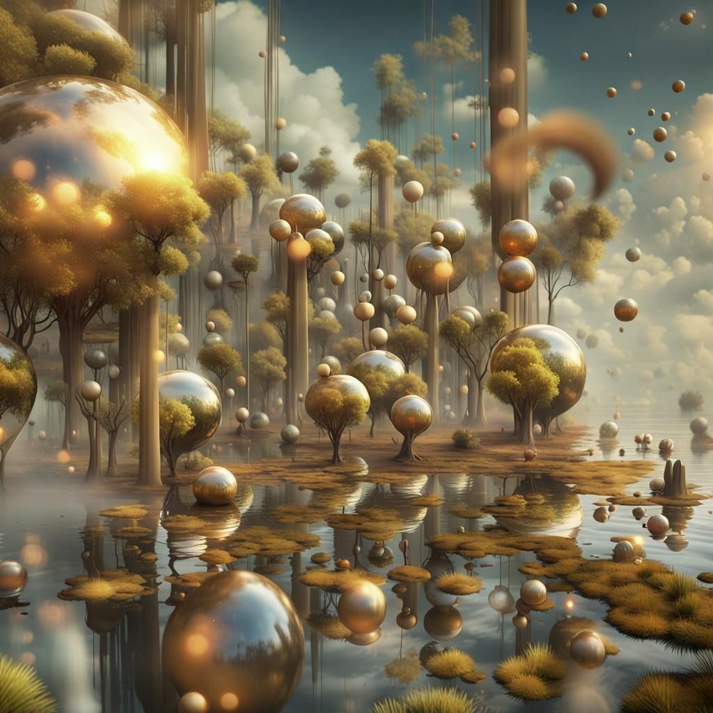 Erupting Pond in Biopunk Summer Landscape