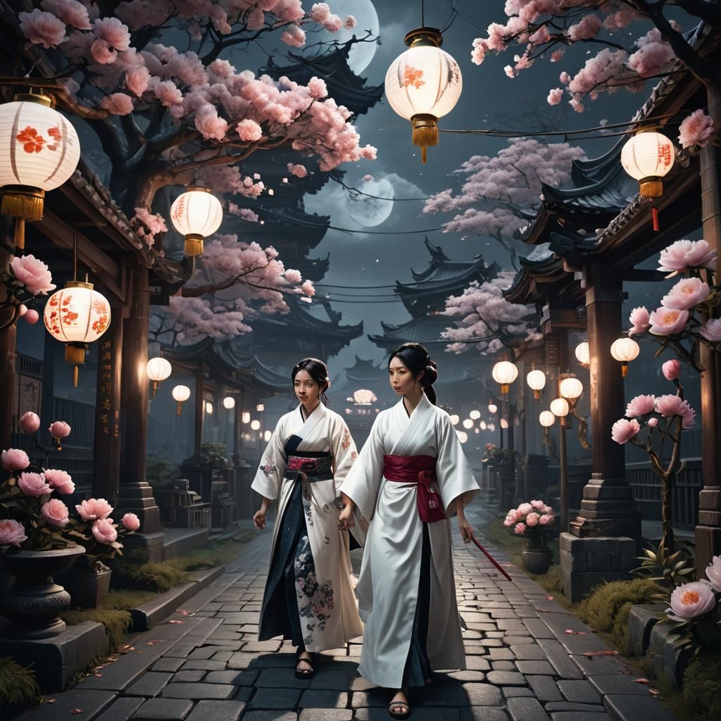 Ghostly Japanese Woman with Peony Lantern