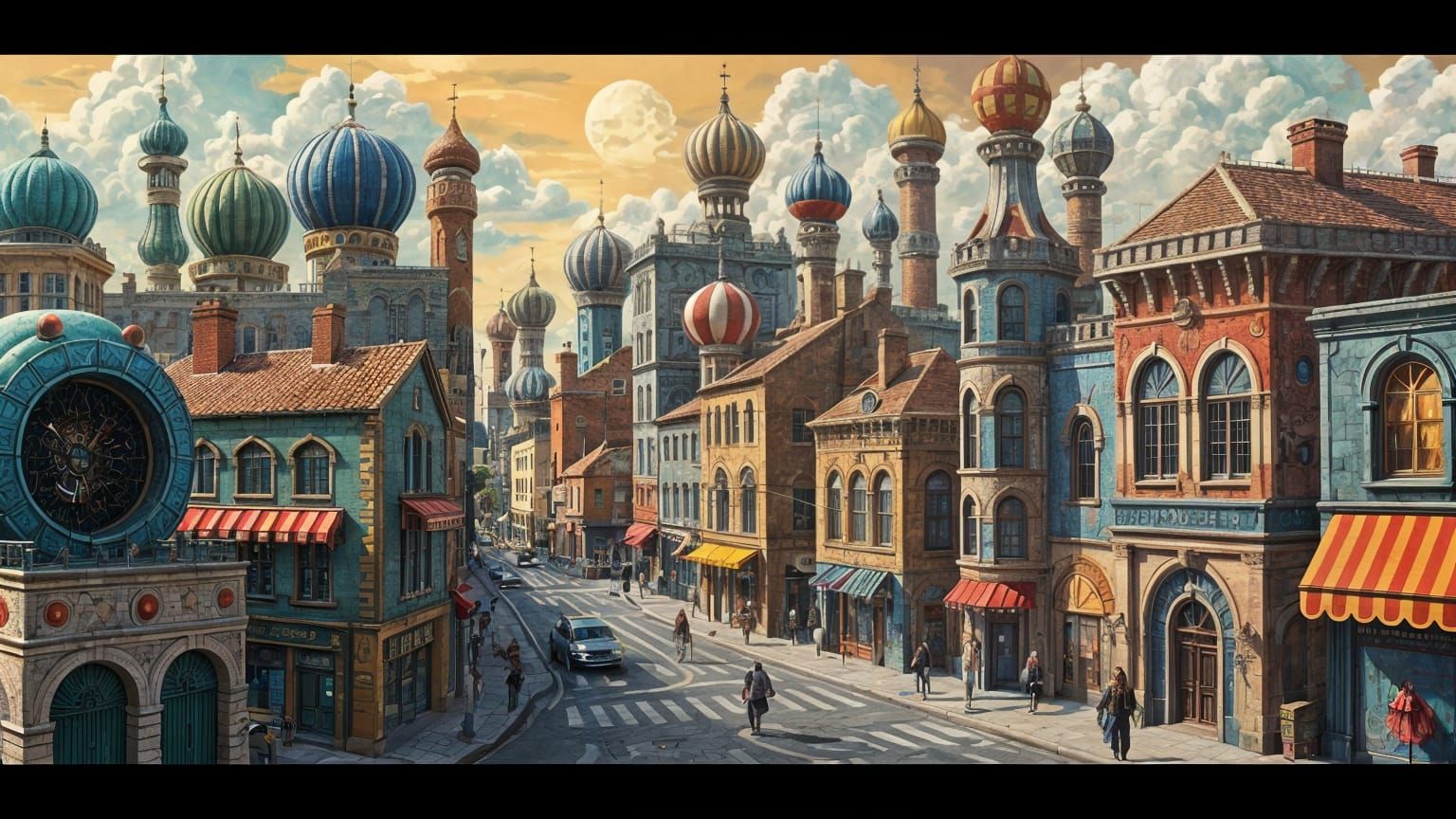 Surreal Steampunk Cityscape of Patchwork Quilts in Manga Sty...