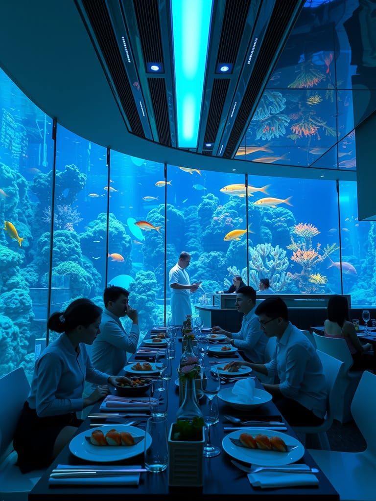 Futuristic Underwater Sushi Restaurant with Bioluminescent C...