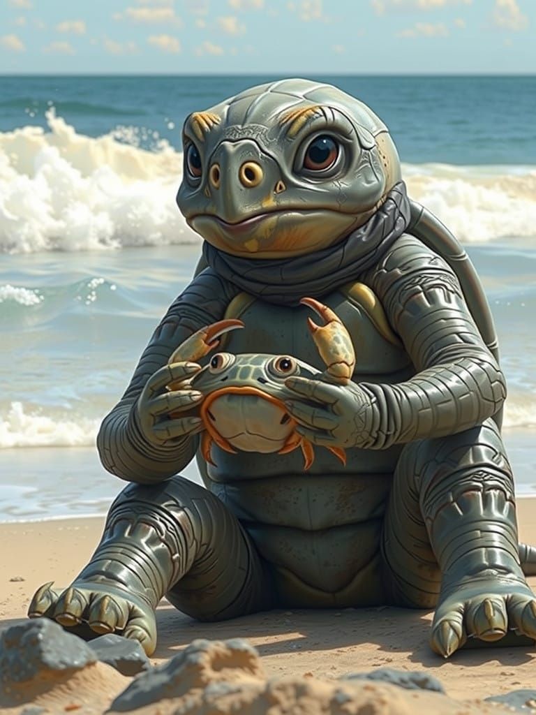 Peaceful Turtle Creature on Sandy Beach with Crab