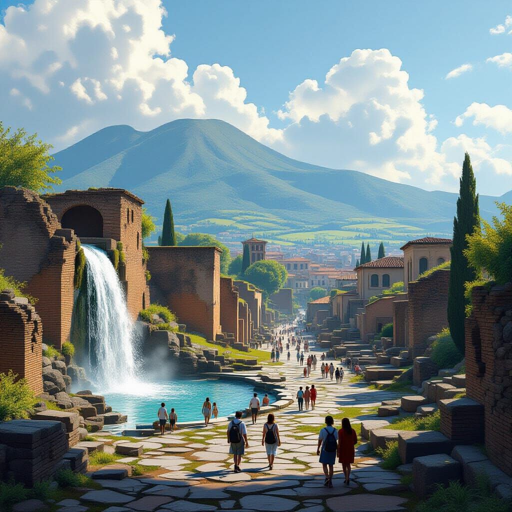 Pompeii Ruins: Lush Italian Landscape with Waterfall
