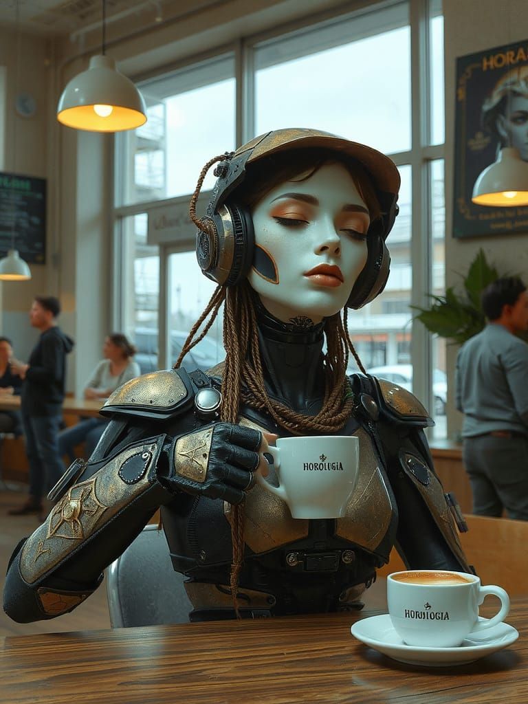 Android Enjoys Coffee in Busy Shop
